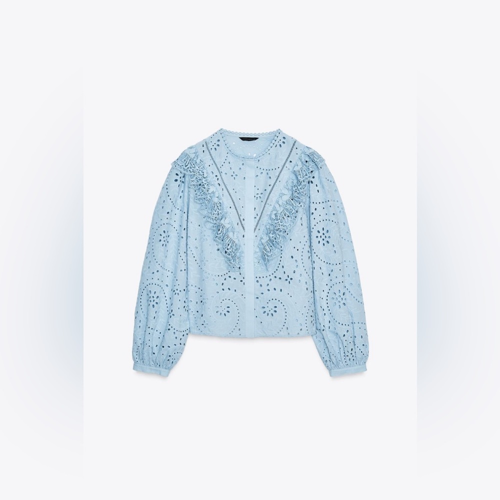 Zara Perforated Embroidery Shirt | Pastel Blue | Sz XS | NWT - Picture 5 of 10